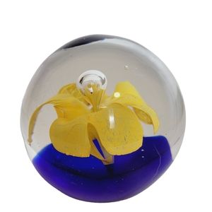 Paperweight Vintage Merano Art glass yellow flower cobalt blue